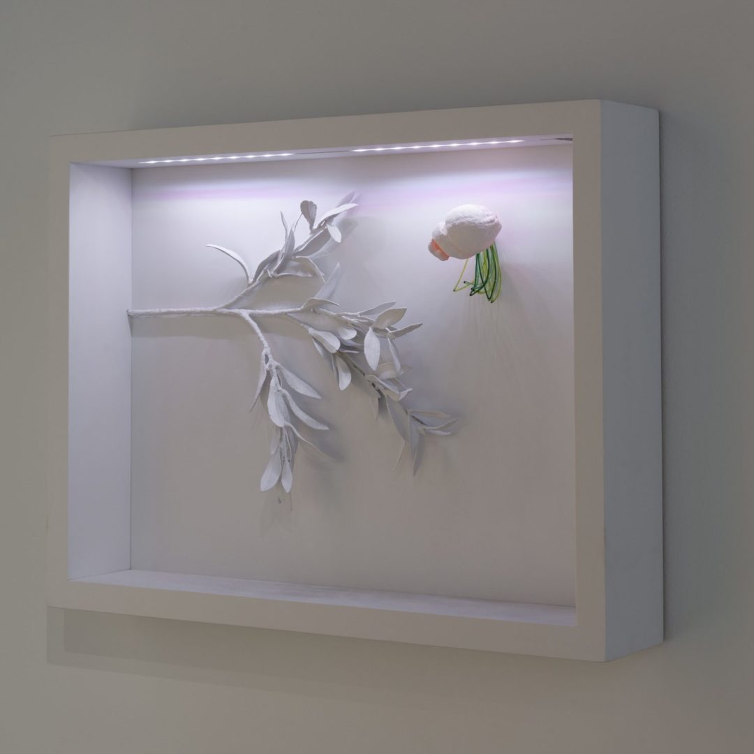 Sarah Mizer, 'Sweet and Bitter at the Same Time, 3D printed lemons, faux olive branch, gesso, wood glue, acrylic, plaster, LED light and glass, 2016, ©Sarah Mizer and Paul Hester, VCUarts Qatar
